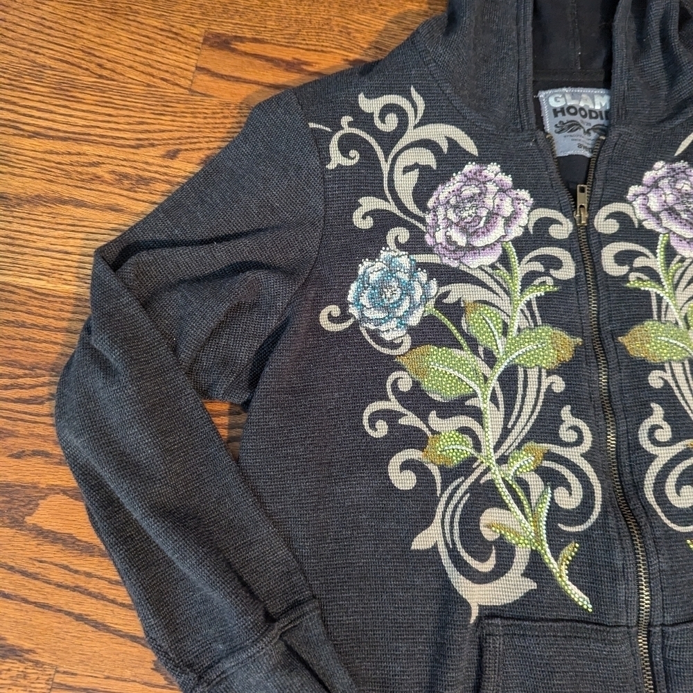 Y2K Avenue gray Hoodie waffle knit bling studded floral pattern rare Sz XL - Picture 2 of 11